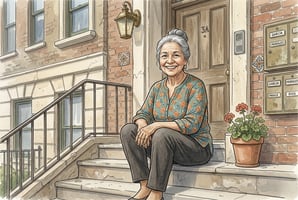 Woman walking up stairs comfortably after recovering knee mobility