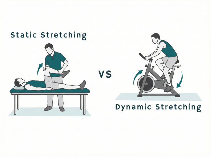 A clean, flat-style infographic comparing "Static Stretching" and "Dynamic Stretching." On the left, a physical therapist performs a manual knee stretch on a patient lying on a table; on the right, the same patient performs dynamic stretching by pedaling a stationary exercise bike.