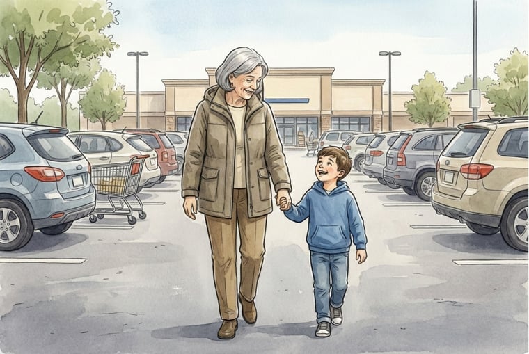 Older woman walking comfortably in a parking lot with her grandson after regaining knee mobility from arthrofibrosis rehabilitation