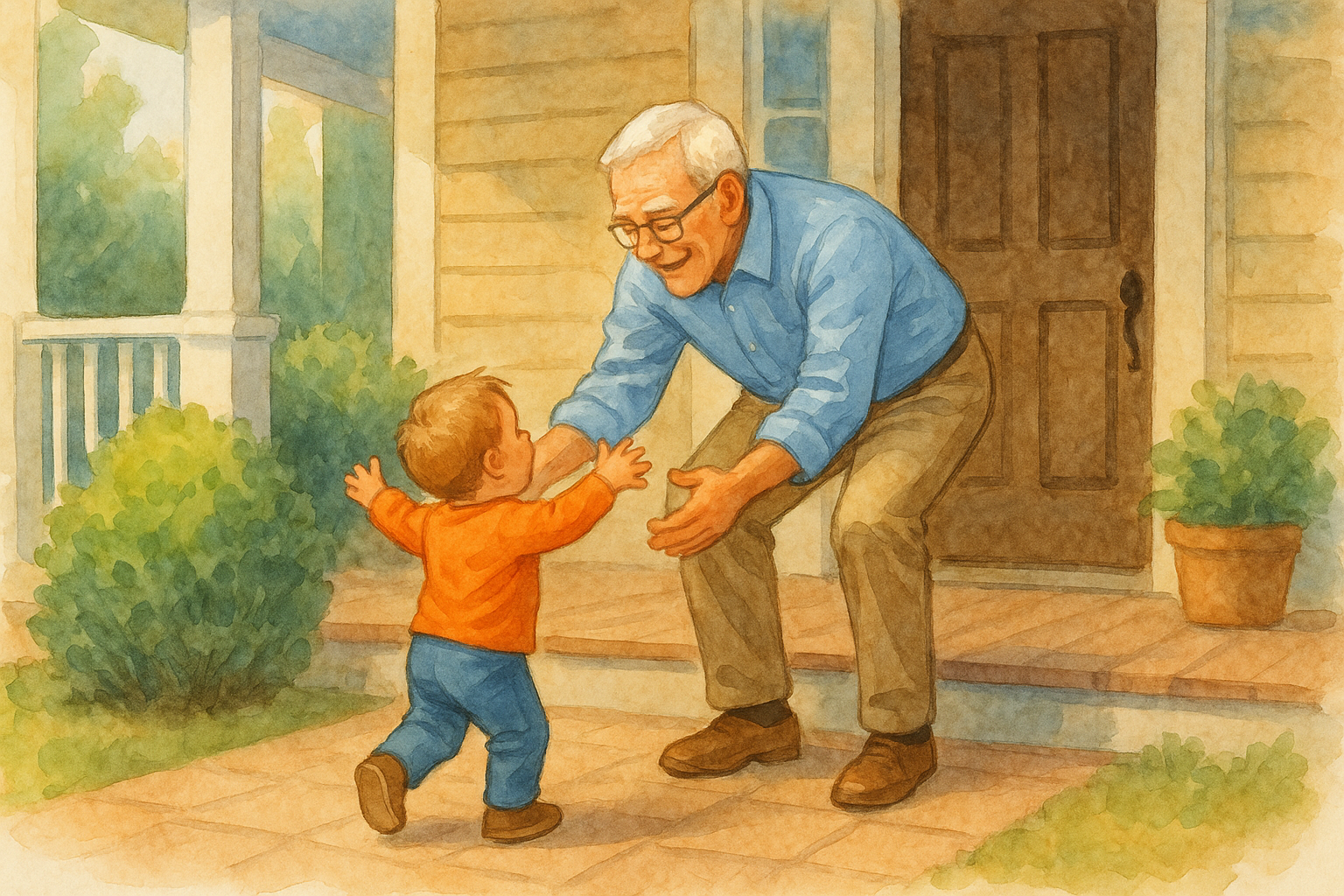 Grandfather picking up grandchild